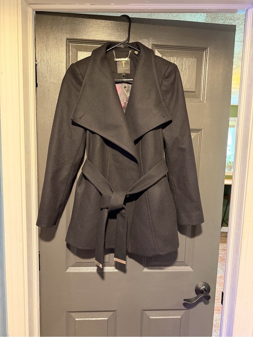 Ted Baker Black Asymmetric Belted Peacoat - Picture 2 of 5